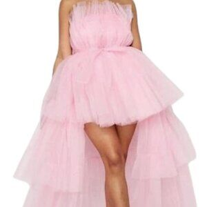 Pink Princess Wedding Prom High Low Tutu Skirt Sheer Mesh Tulle Strapless Dress